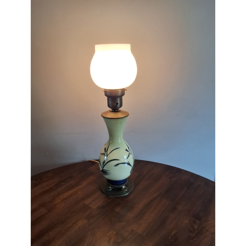 Vintage Hand Painted Ceramic Bird Table Lamp with Milk Glass Globe Shade